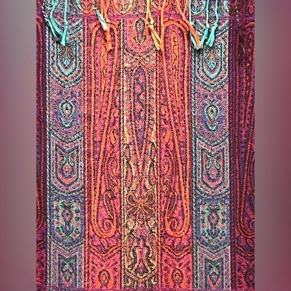 Vintage Colorful Woven Shawl Wrap Scarf Purple Orange Aqua 27” x 68”